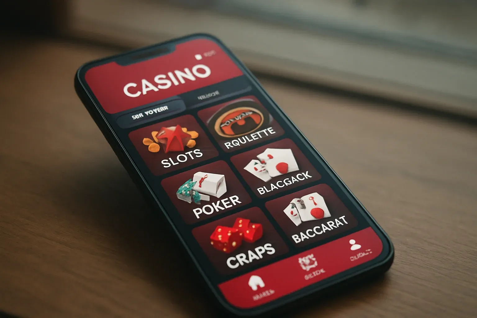 Smartphone Android con app de casino móvil y lobby de juegos, rojo vibrante