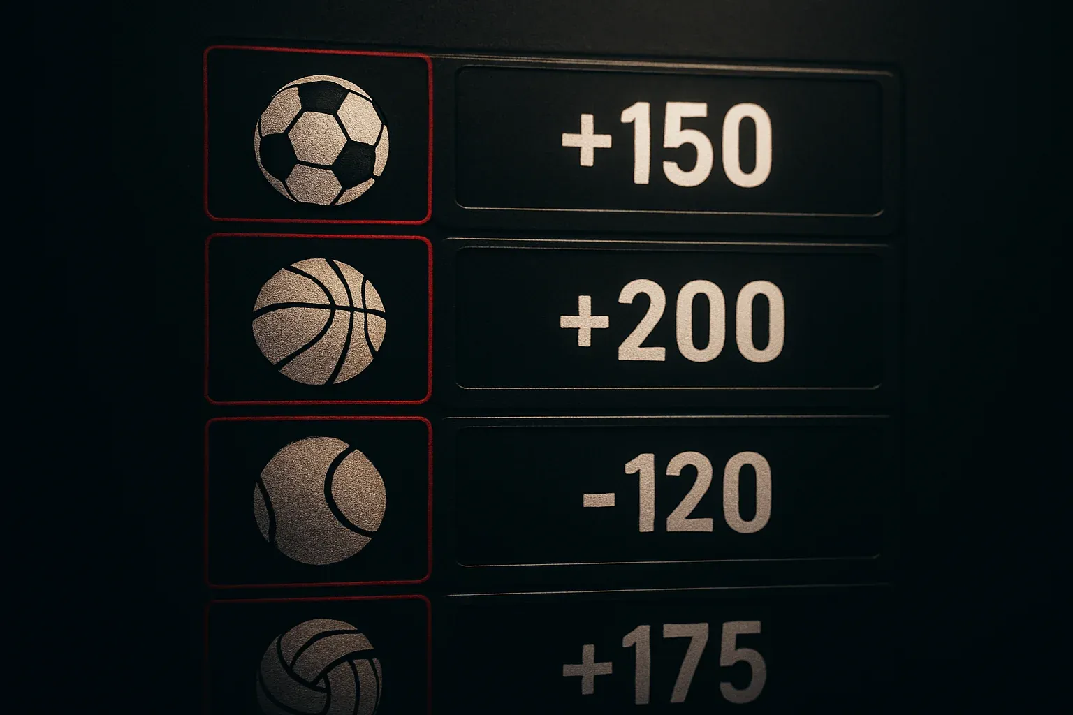 Pantalla de mercados de apuestas con cuotas e íconos deportivos en fondo oscuro