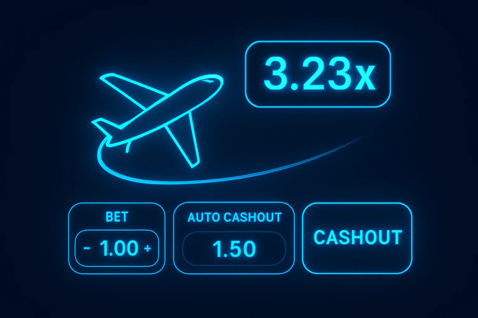 Mockup de interfaz Aviator con avión, multiplicador, apuestas y auto cashout