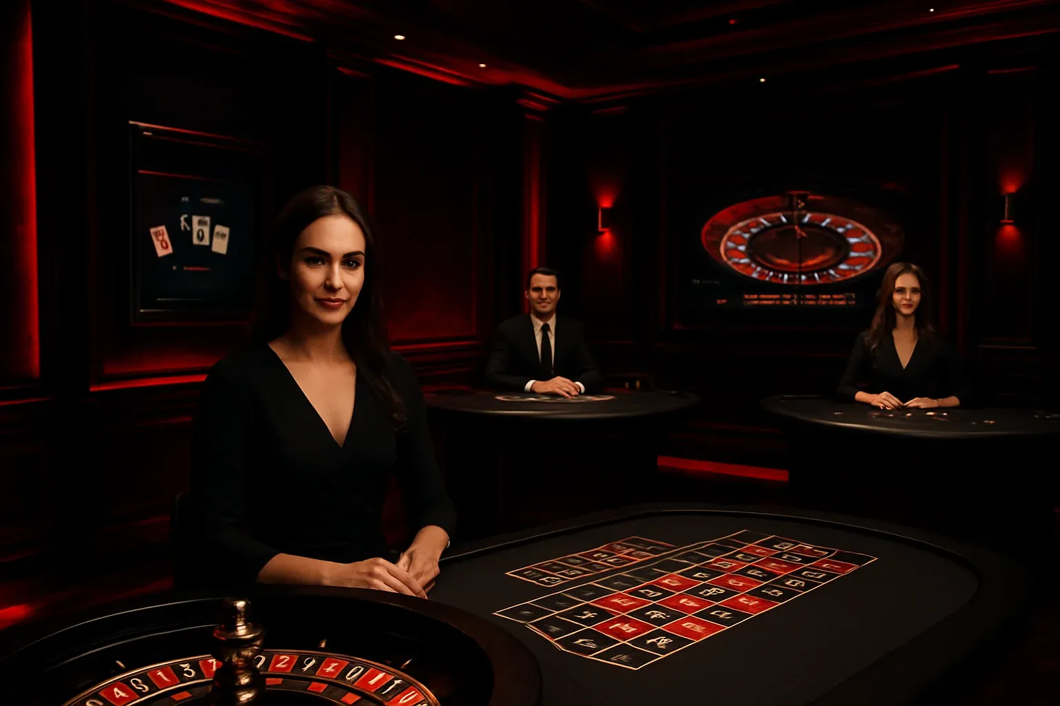 Estudio elegante de casino en vivo con crupieres, ruleta y blackjack