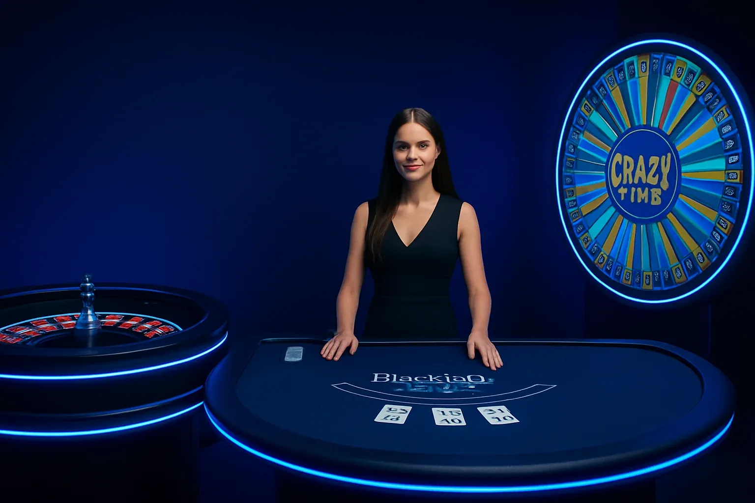 Cartas de casino en vivo con ruleta, blackjack, Crazy Time y crupier profesional