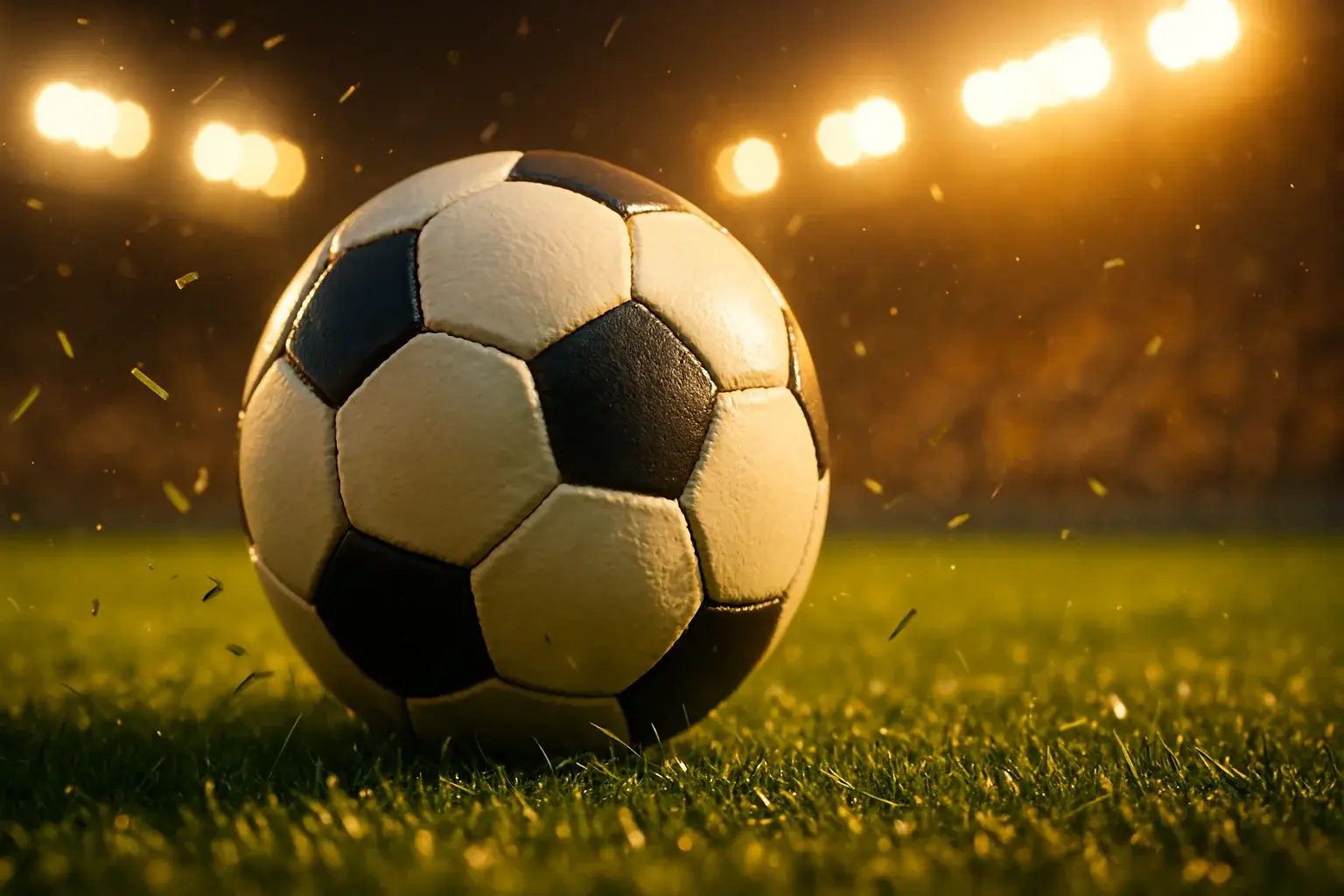 Primer plano cinematográfico de balón clásico blanco y negro en césped iluminado