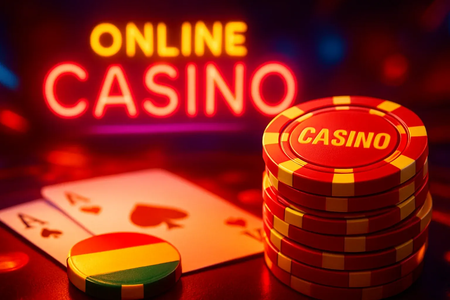 Banner hero de casino online de lujo con luces neón y fichas