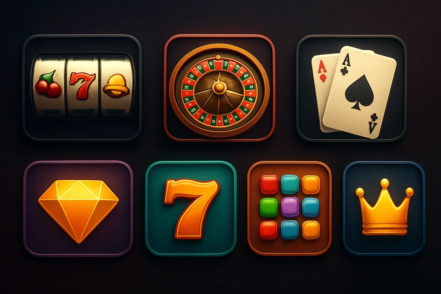 Colección de íconos de juegos de casino con fondo oscuro y acentos rojos