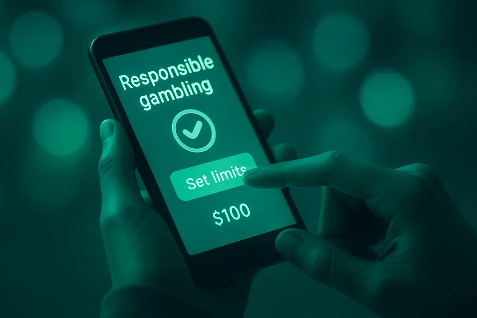 Persona fijando límites en smartphone, tema verde de seguridad y bienestar