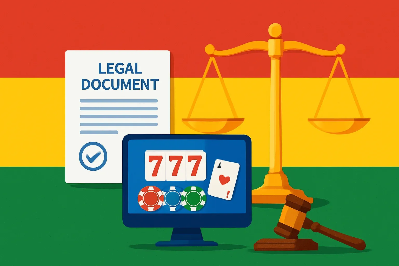 Balanzas de justicia y documentos legales con colores de la bandera boliviana