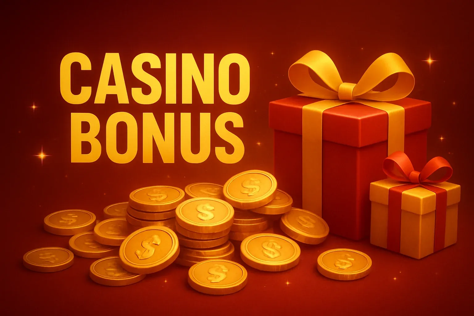 Banner promocional de bono casino con monedas doradas y regalos en colores Bolivia
